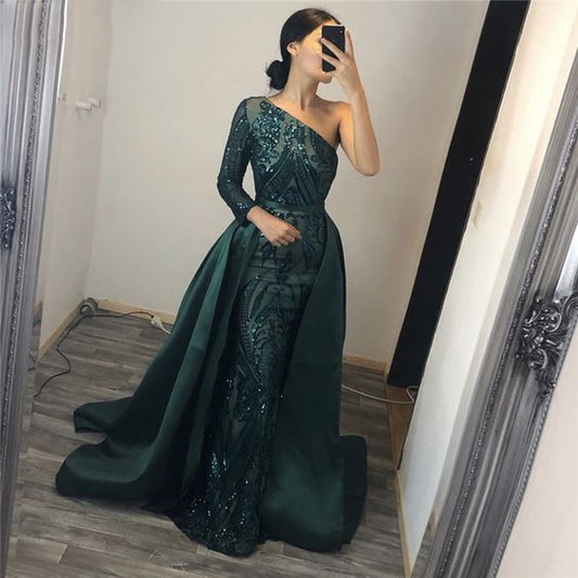 One shoulder long sleeves Sequined Evening Dresses prom dress, evening dress   cg11095