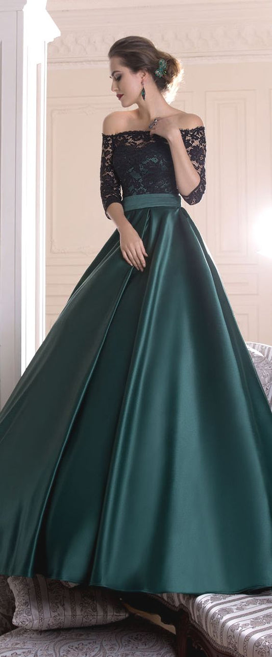 Graceful Lace & Satin Off-the-shoulder Neckline A-line Evening prom Dresses With Pleats   cg11100