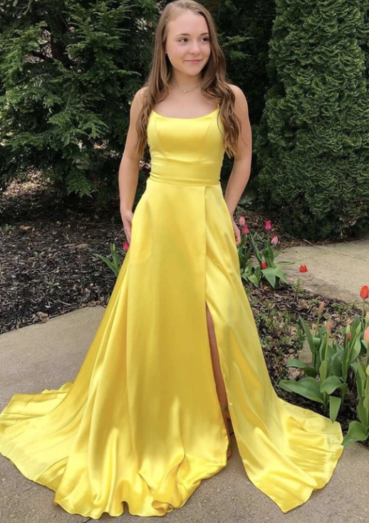 Yellow satin long prom dress simple evening dress   cg11105