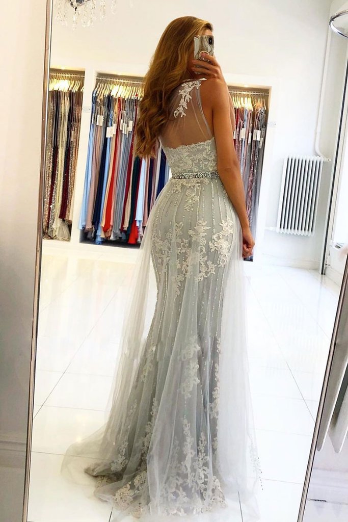 GRAY ONE SHOULDER TULLE LACE LONG PROM DRESS GRAY EVENING DRESS  cg11207