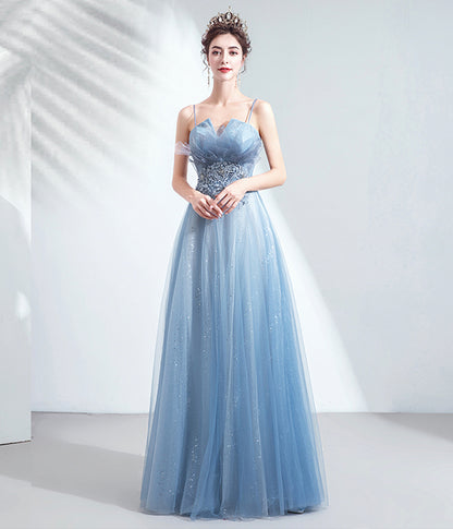 BLUE TULLE LACE LONG PROM GOWN FORMAL DRESS   cg11209