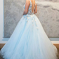 Blue v neck tulle lace long prom dress blue tulle formal dress   cg11243
