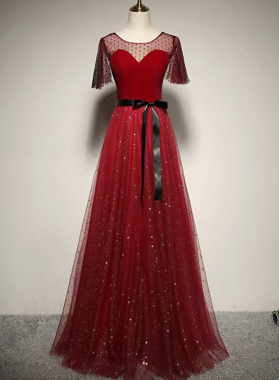 Red Tulle With Velvet Round Neckline Top Party prom Dress, A-Line Evening Dress   cg11304