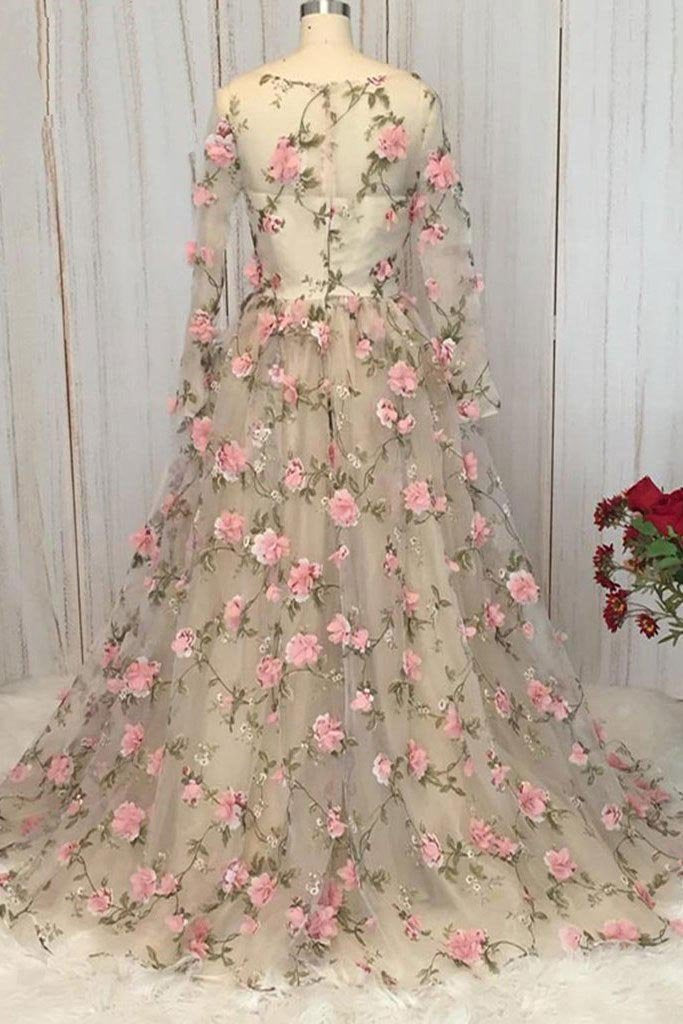 Champagne v neck tulle 3D flowers long prom dress champagne evening dress   cg11306