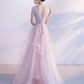 Beautiful Pink Flower Tulle And Satin Long Evening Dress, Pink Formal prom Dress   cg11348