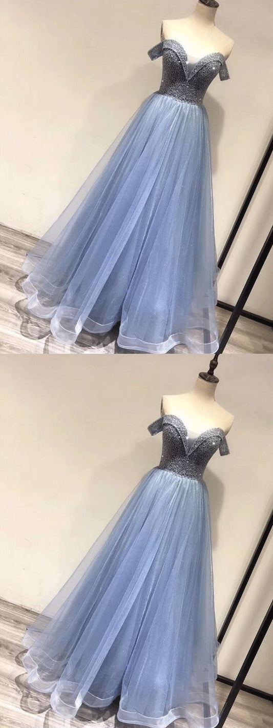 Elegant Off Shoulder A Line Prom Dress, Tulle Prom Dresses   cg11405