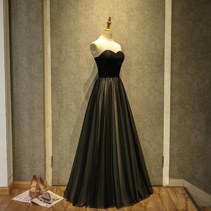 Simple Black Sweetheart A-Line Long Tulle Party Dress, Black Evening Gown Prom Dress   cg11413