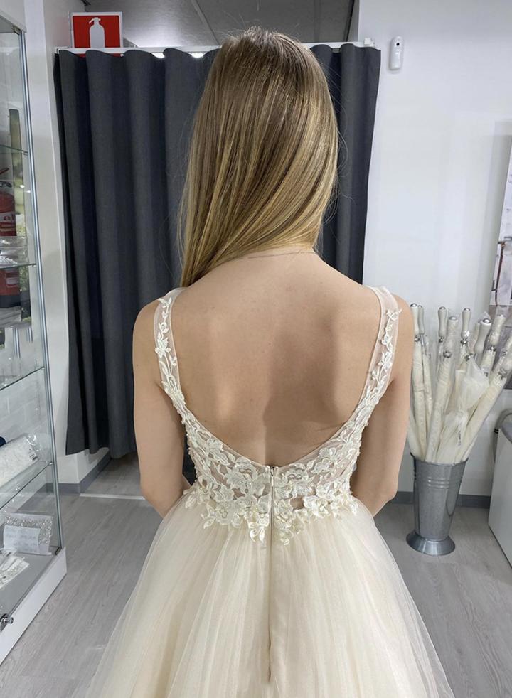 Champagne tulle lace long A line prom dress   cg11431