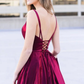 A Line V Neck Open Back Long Burgundy Prom Dress with High Slit, V Neck Burgundy Formal Graduation Evening Dress  cg11484