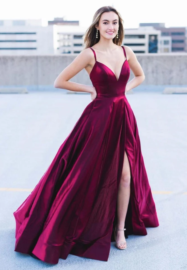 A Line V Neck Open Back Long Burgundy Prom Dress with High Slit, V Neck Burgundy Formal Graduation Evening Dress  cg11484