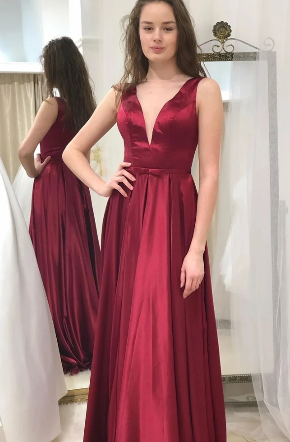 Simple A Line V Neck Burgundy Long Prom Dress, V Neck Burgundy Formal Graduation Evening Dress   cg11497