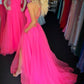 A Line V Neck Backless Hot Pink Long Prom Dress with Slit, Backless Hot Pink Formal Dress, Hot Pink Evening Dress  cg11537