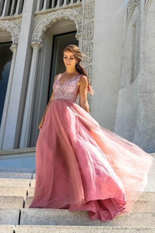 blush pink A-line long formal dress evenig dress with v neckline Prom Dress   cg11597