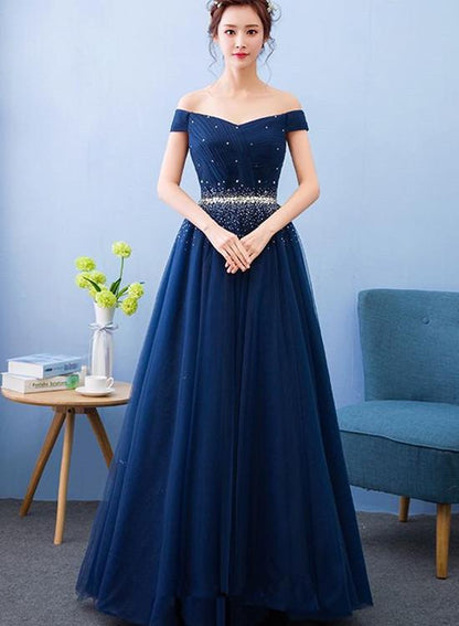 Off Shoulder Blue Beaded Long Party Dress, Sweetheart Floor Length Prom Dress   cg11616
