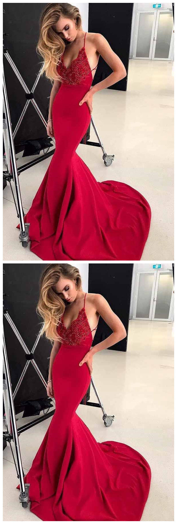 Sexy Spaghetti Straps Evening Gown Red Mermaid Prom Dress with Beading cg1163