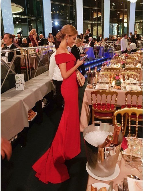 Mermaid Off the Shoulder Sweep Train Red Long Prom Dress   cg11637