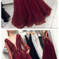 Elegant Deep V-neck Burgundy Backless Prom Dress With Long Puff Sleeves  cg1164