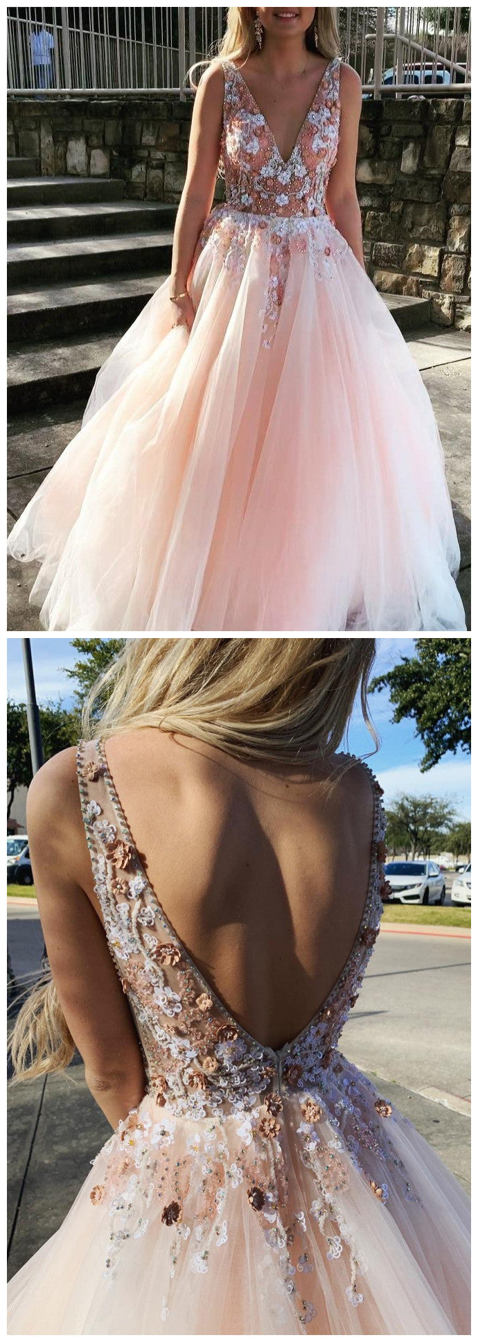 Sexy Backless Prom Dress Pearl Pink Tulle V-neck Appliques Graduation Gown cg1166