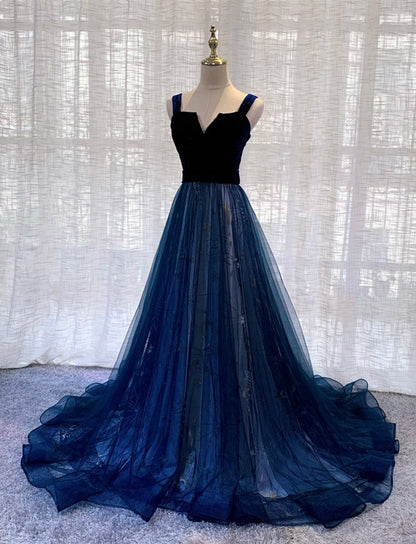 BLUE VELVET TULLE LONG PROM GOWN FORMAL DRESS   cg11689