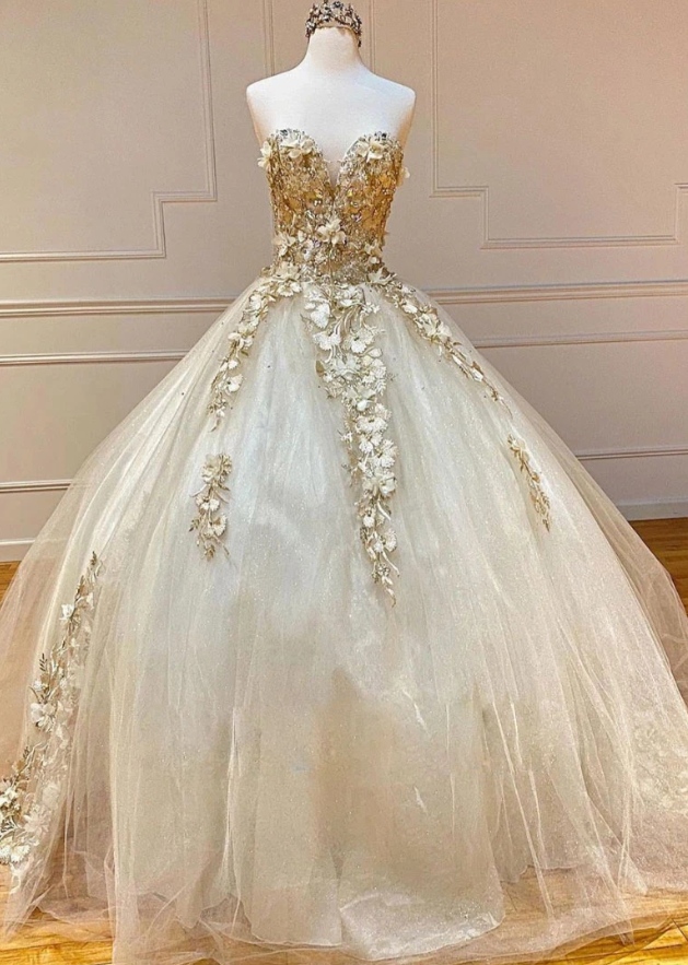 Champagne sweetheart tulle lace long prom gown, tulle formal gown   cg11706