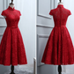 Red Lace Knee Length High Neckline Party Dress, Lace Homecoming Dresses   cg11726