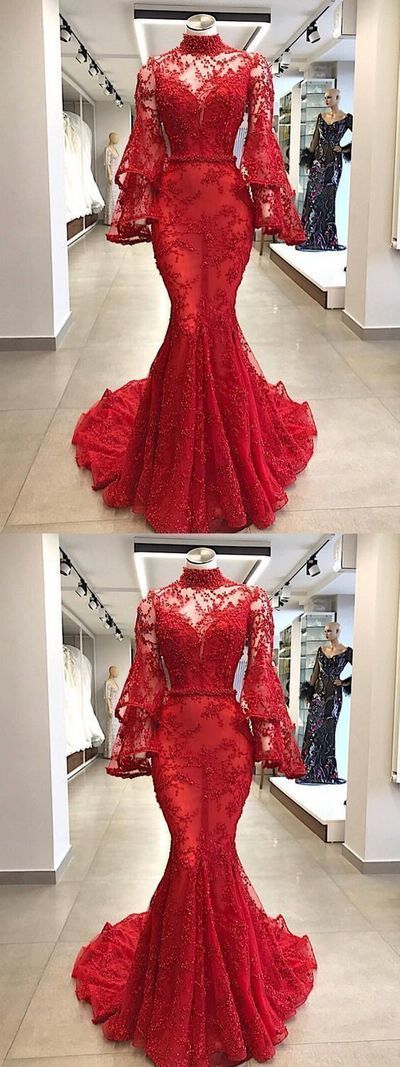 Long Sleeve High-Neck Long Red Prom Dresses   cg11773