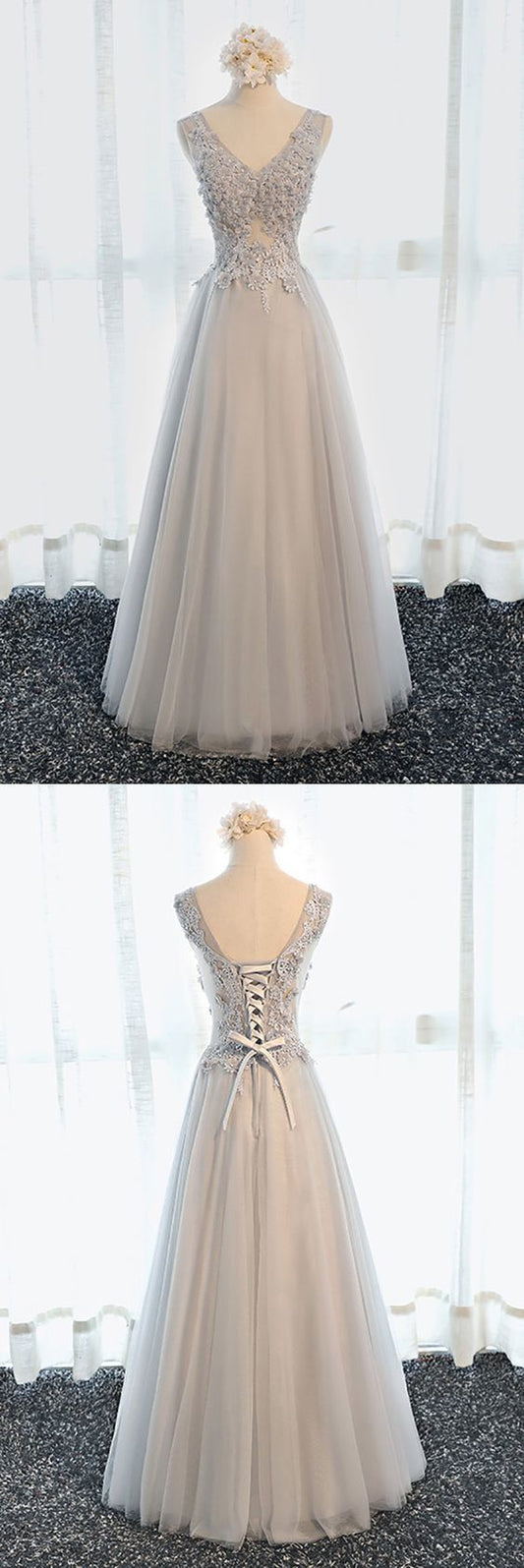 Boho V-neck Long Tulle Formal Prom Dress Sleeveless   cg11790