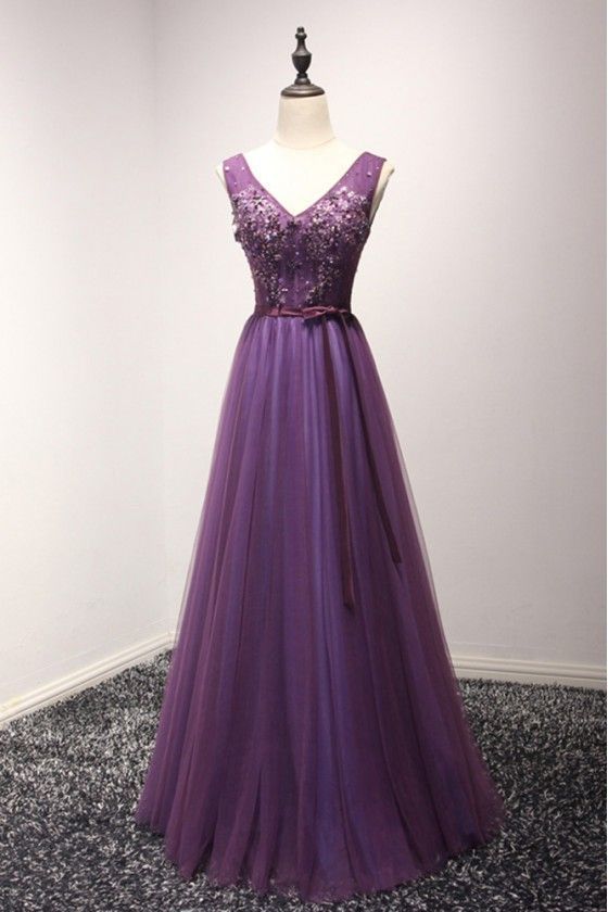 Gorgeous Purple Long Tulle Evening prom Dress With Beading For Women   cg11864