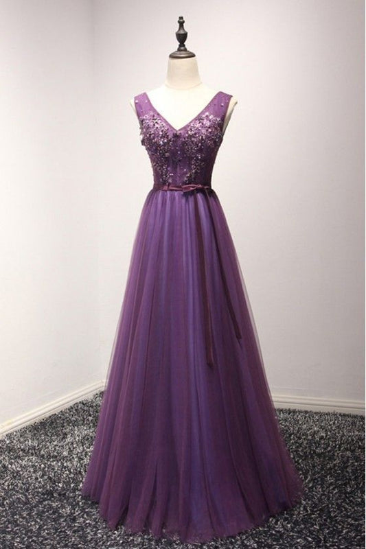 Gorgeous Purple Long Tulle Evening prom Dress With Beading For Women   cg11864