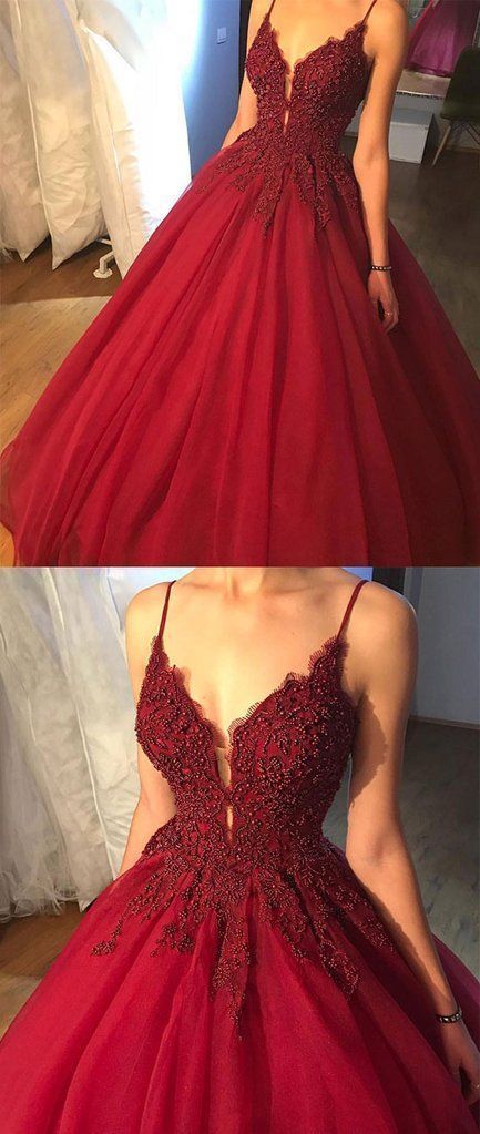 Ball Gown Spaghetti Straps Burgundy Prom Dress with Beading Appliques cg1187