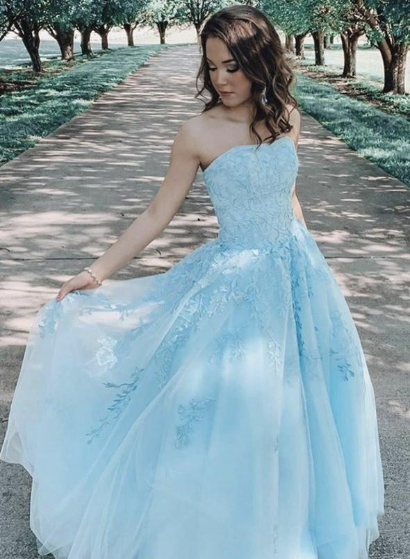 Blue lace strapless prom dress formal gown   cg11892