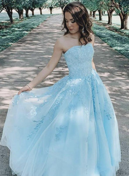Blue lace strapless prom dress formal gown   cg11892