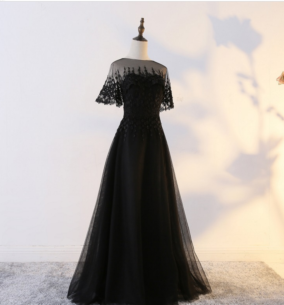 Black Tulle Long Party Dress With Lace Applique, Black Formal prom Gown   cg11896