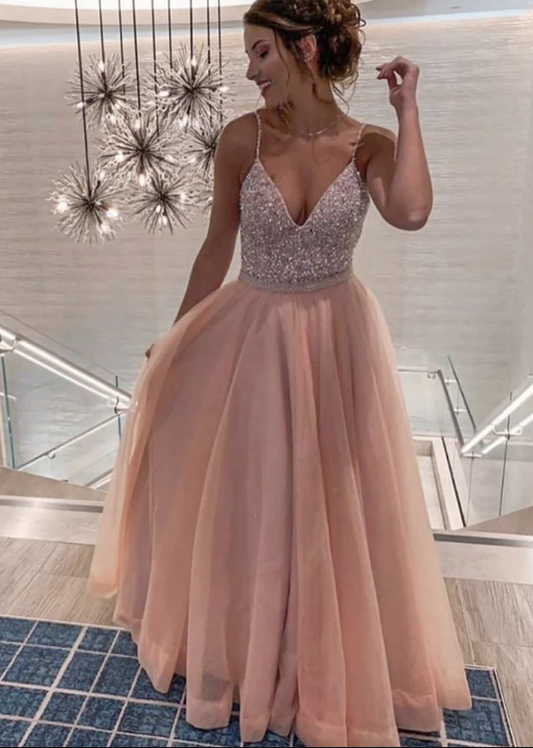 Pink v neck tulle sequins prom dress evening dress   cg11918