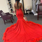 high neck mermaid red long prom dress with train    cg11942