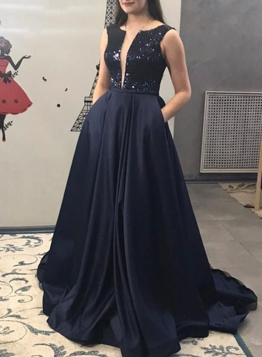 Sequins V Neck Long Satin Evening Dress, Prom Dress With Pocket   cg11959