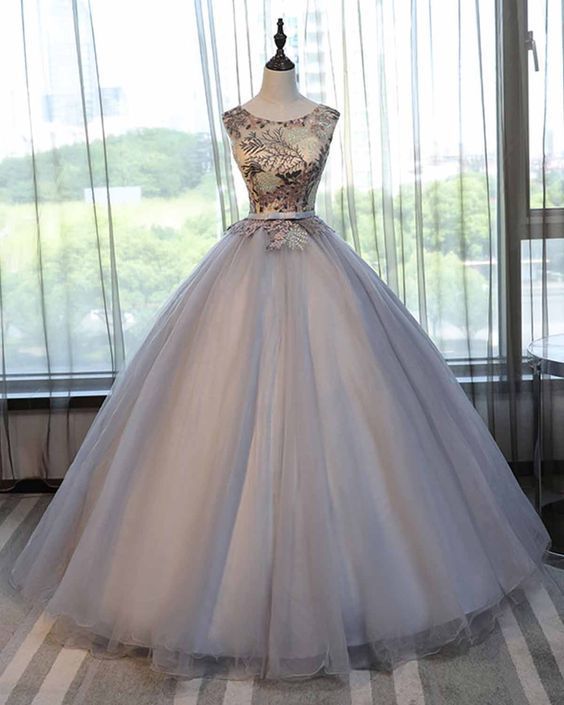 Gray tulle scoop neck long lace formal prom dress   cg11995