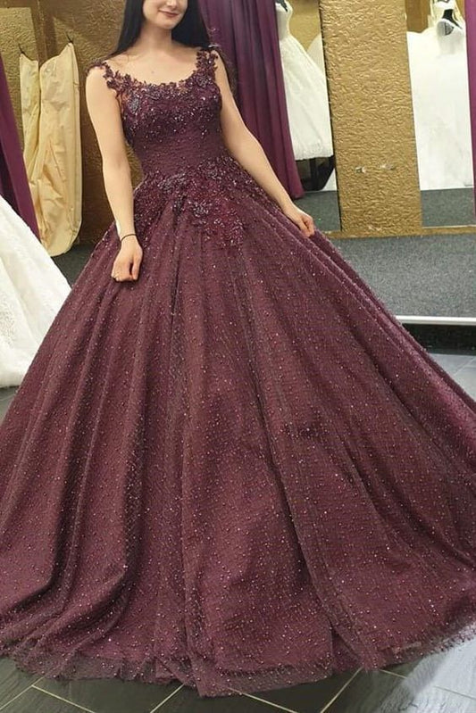 Burgundy Long Formal Ball Gown Prom Dresses With Lace Applique   cg11996