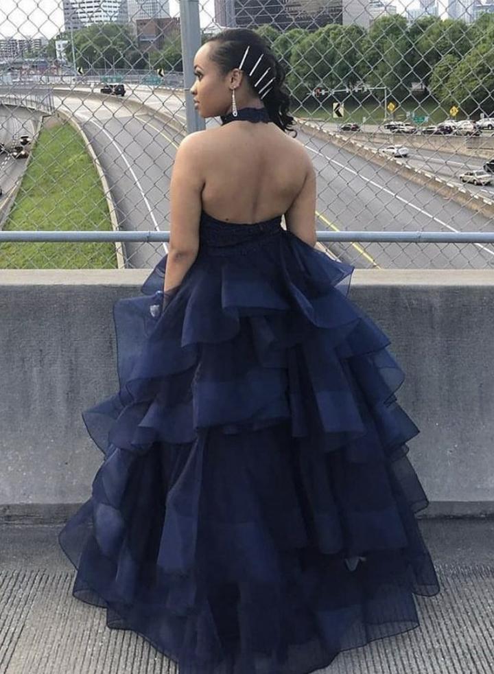 Blue lace halter neck prom dress formal dress   cg12021