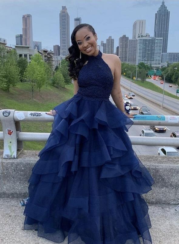 Blue lace halter neck prom dress formal dress   cg12021