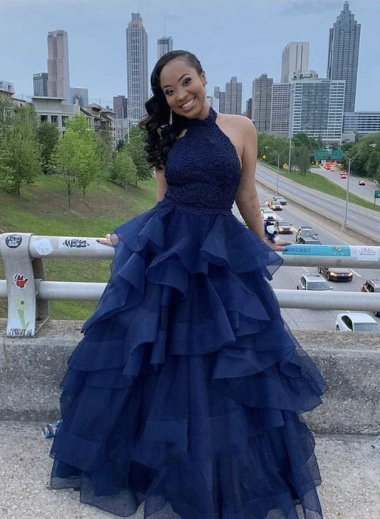 Blue lace halter neck prom dress formal dress   cg12021