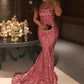 Shiny Royal Blue Sequin Mermaid Strapless Long Prom Dress Formal Evening Dresses    cg12044