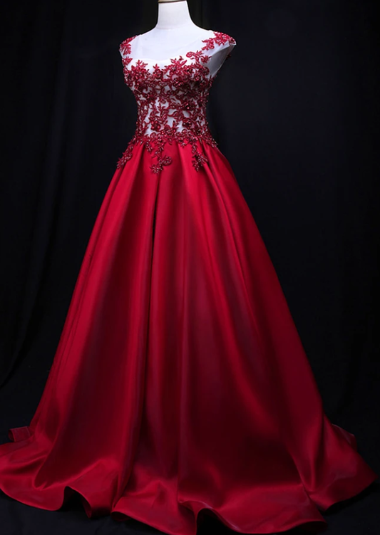 Gorgeous Dark Red Satin Long Cap Sleeves Formal Dress, Prom Dress 2020   cg12149