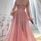 V-neck pink prom gown with pearls for wedding or special occasions    cg12199