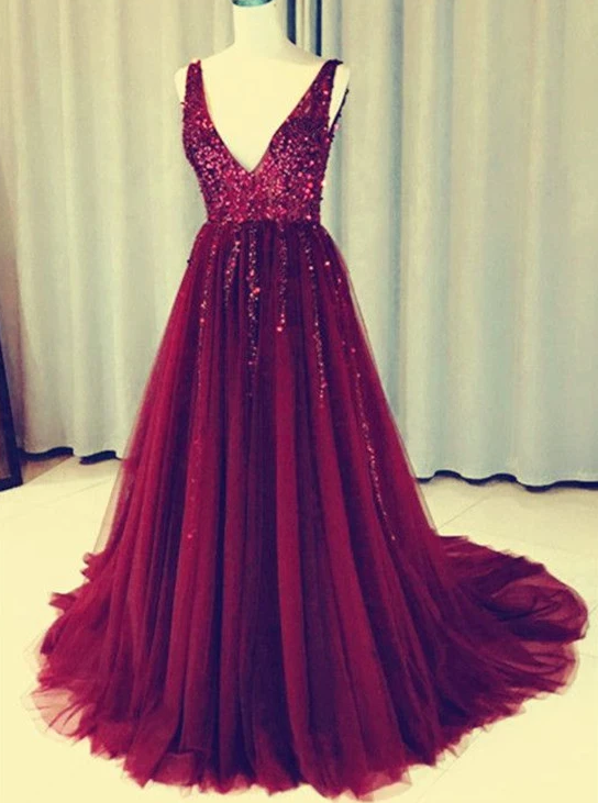 Charming Burgundy Beaded Tulle V-Neckline Long Party Dress, Prom Gown 2021   cg12206