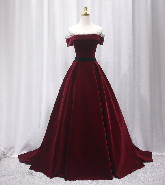 BURGUNDY VELVET LONG PROM GOWN FORMAL DRESS    cg12210