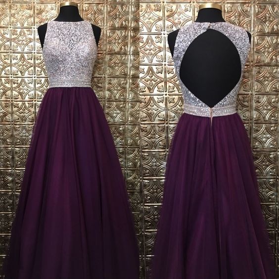 Grape Long Tulle Crystal Prom Dresses,Beaded Prom Dress With Keyhole Back   cg12236