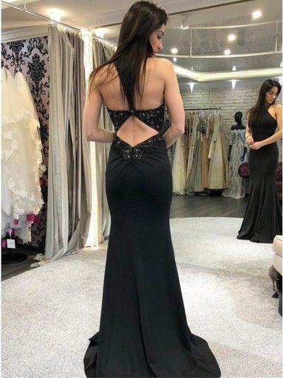 Black Crew Open Back Long Prom Dress Mermaid Beaded Evening Dress   cg12241