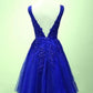 Lovely Blue V-Neckline Lace Applique Homecoming Dress   cg12263