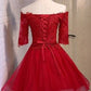 Off Shoulder Short Sleeve Red Lace Cute Homecoming Dress    cg12265